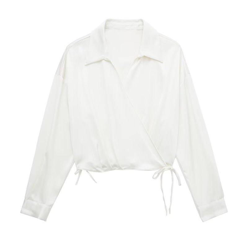 Autumn Women Long Sleeve Silk Satin Texture Double Breasted Shirt - Image 3