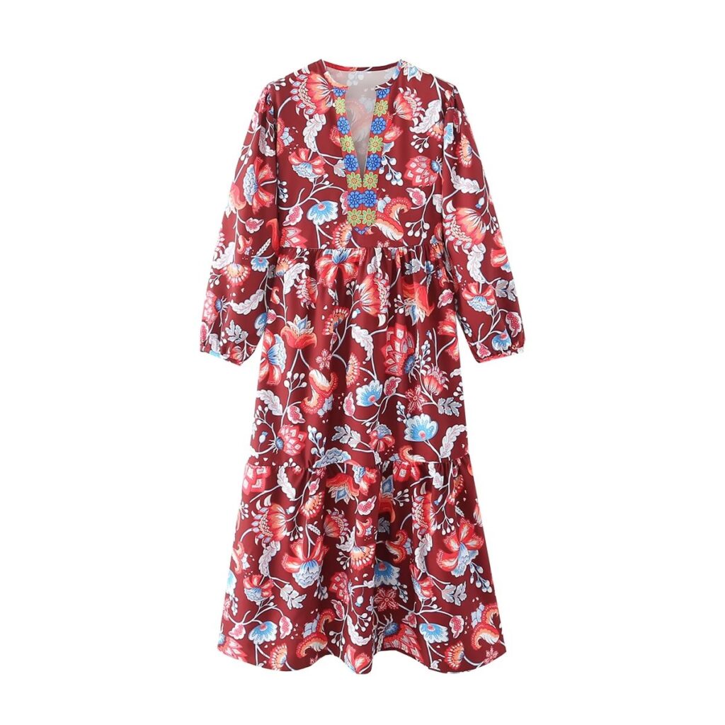 Fall Women Clothing Holiday V neck Long Sleeve Floral Print Mid Length Dress