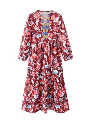 Fall Women Clothing Holiday V neck Long Sleeve Floral Print Mid Length Dress