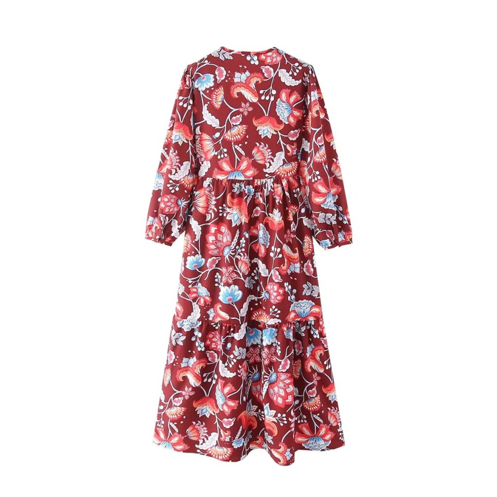 Fall Women Clothing Holiday V neck Long Sleeve Floral Print Mid Length Dress - Image 2