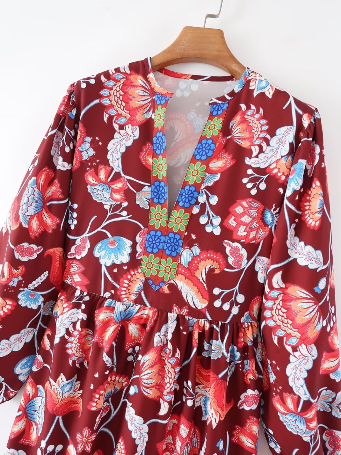 Fall Women Clothing Holiday V neck Long Sleeve Floral Print Mid Length Dress - Image 3