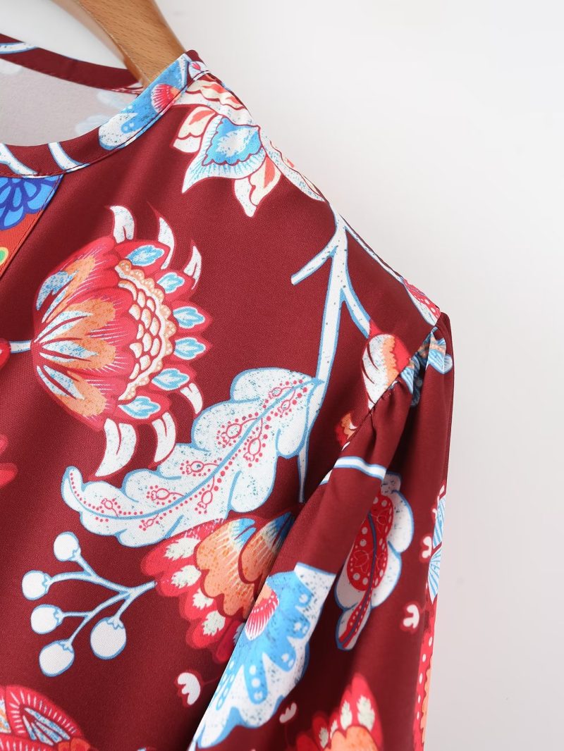 Fall Women Clothing Holiday V neck Long Sleeve Floral Print Mid Length Dress - Image 5