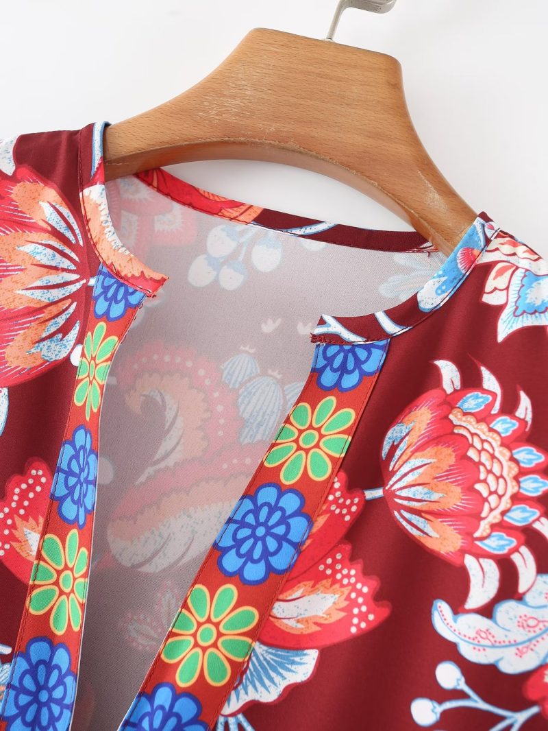 Fall Women Clothing Holiday V neck Long Sleeve Floral Print Mid Length Dress - Image 6