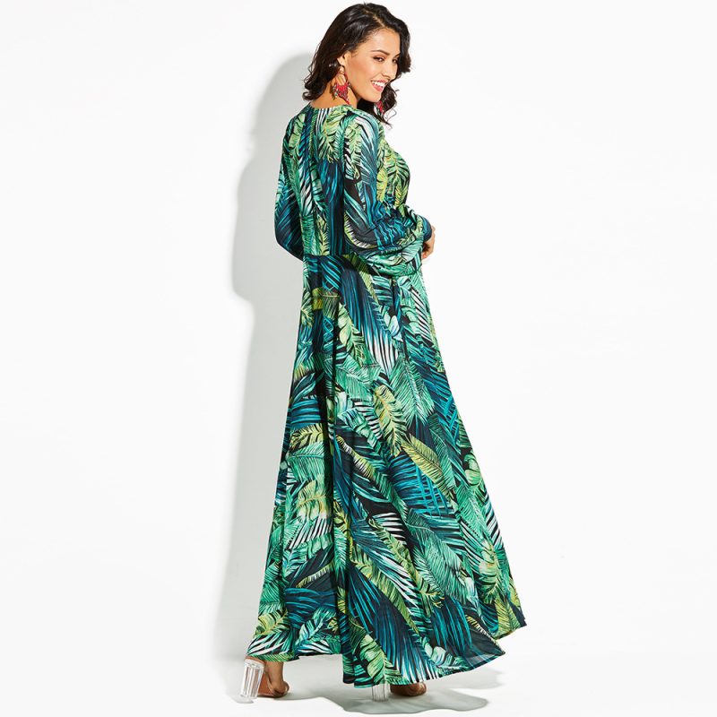 Autumn Winter Printed Dress Lantern Sleeve Sexy Deep V-neck Green Leaves Maxi Dress Large Swing - Image 3