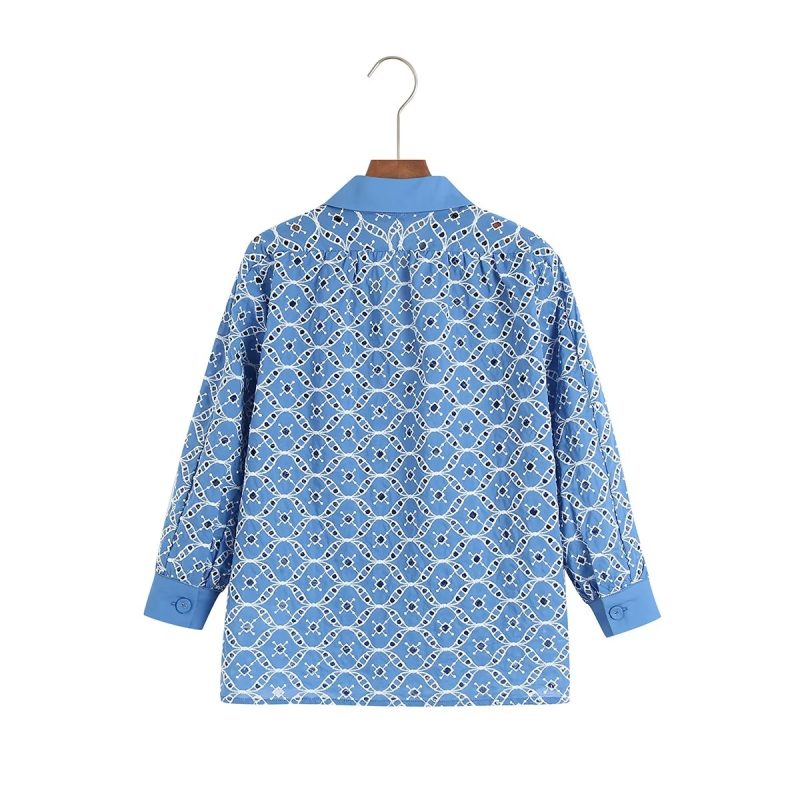 Autumn Urban Casual Women Clothing Hollow Out Cutout Embroidery V neck LongSleeve - Image 2