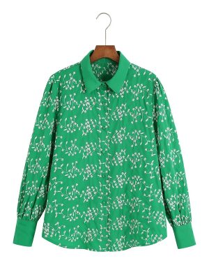 Fall Women  Clothing Casual Green Embroidery Shirt Long Sleeve Embroidered Shirt