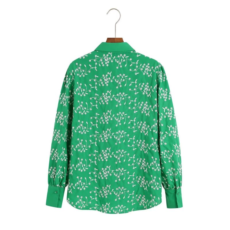 Fall Women  Clothing Casual Green Embroidery Shirt Long Sleeve Embroidered Shirt - Image 2