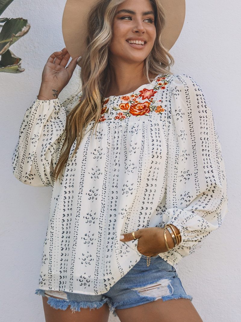 Autumn National Printed Long-Sleeved Top Ladies Loose Bottoming Shirt - Image 3