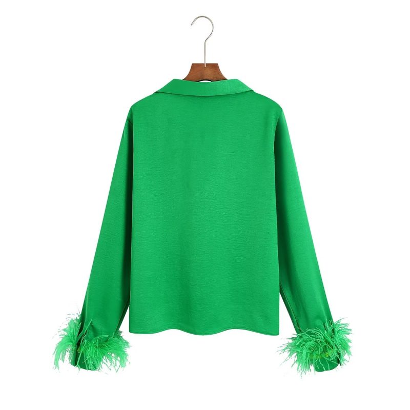 Street Long Sleeve Stitching Feather Knotted Shirt Women Casual Top - Image 2