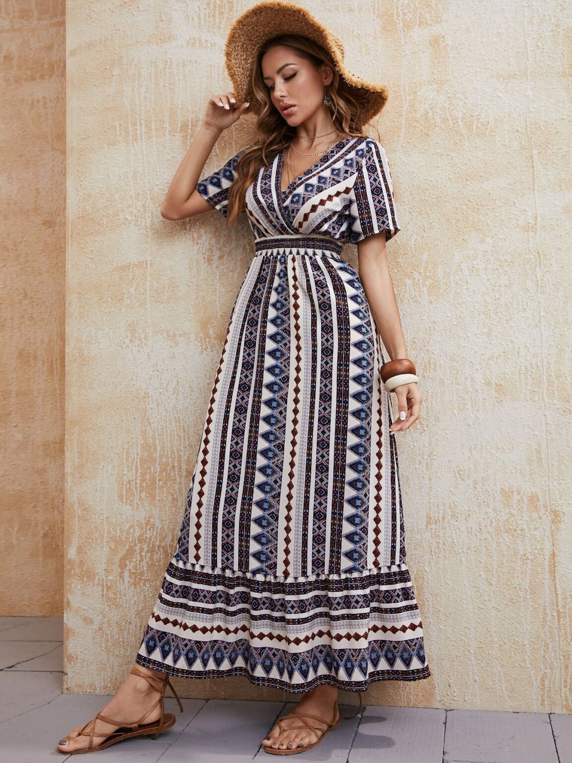 Printed Waist Controlled Short Sleeve V neck Women Maxi Dress Women Clothing - Image 3