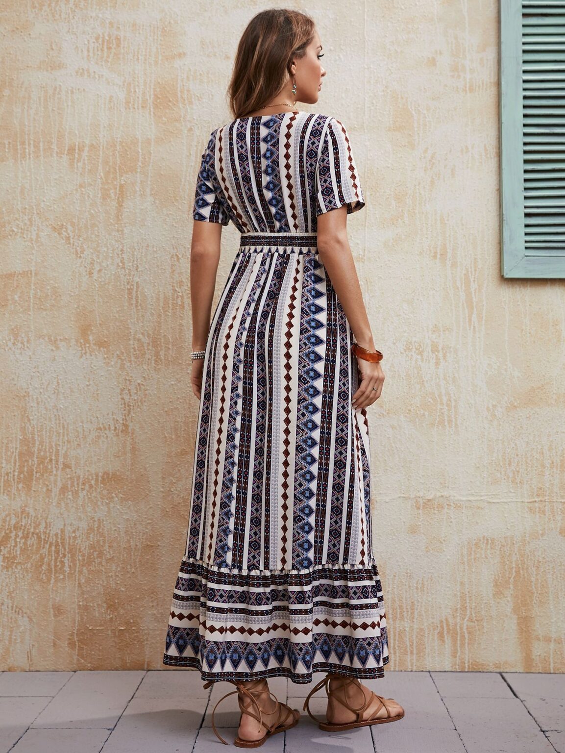 Printed Waist Controlled Short Sleeve V neck Women Maxi Dress Women Clothing - Image 4