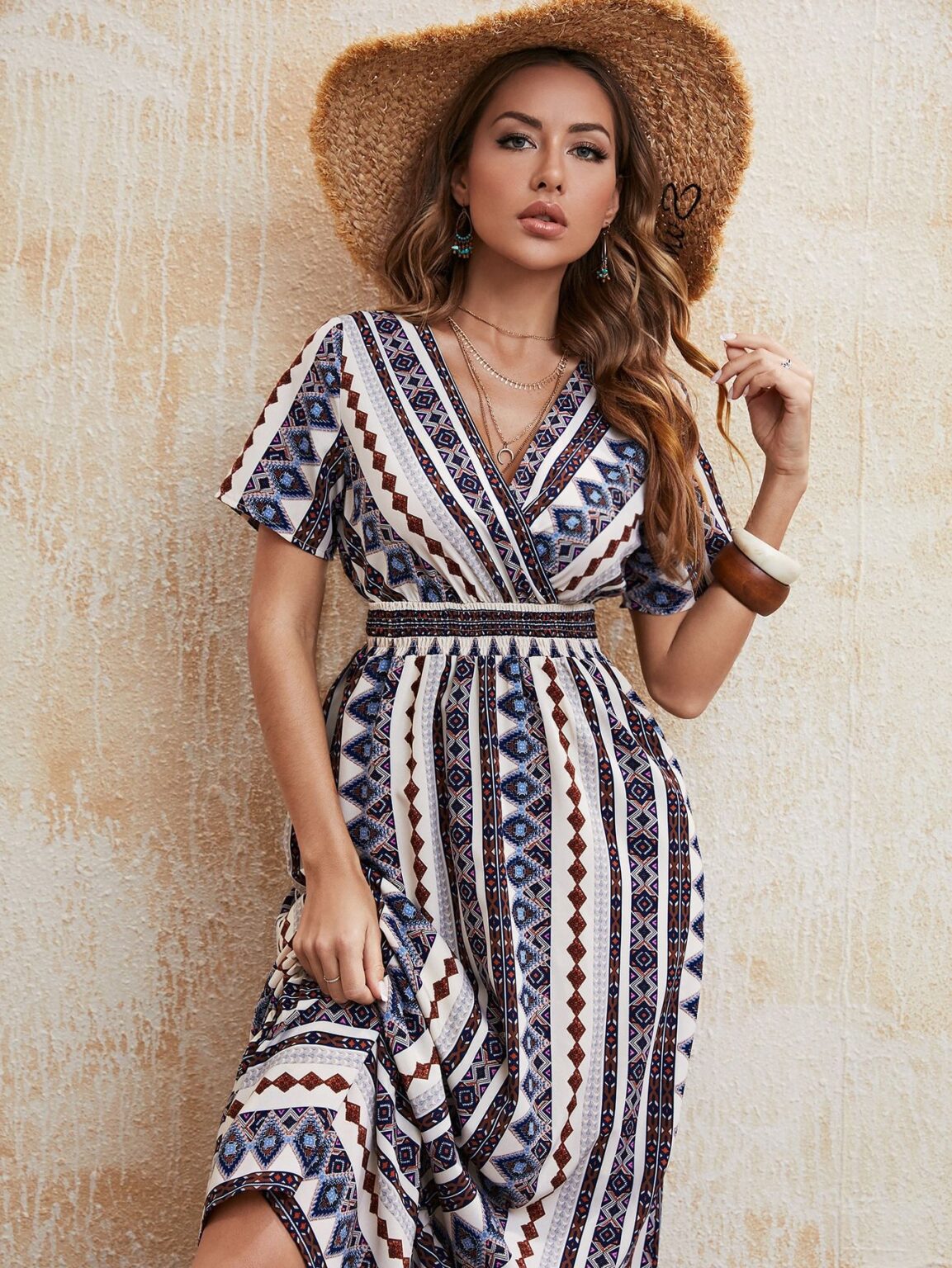 Printed Waist Controlled Short Sleeve V neck Women Maxi Dress Women Clothing - Image 5