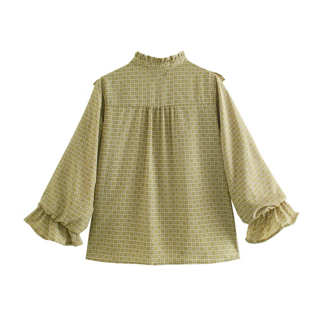 Autumn Ruffled Printed Shirt round Neck Retro Casual Comfortable Top - Image 2