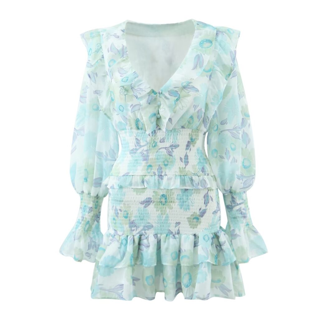 Autumn Winter Women Clothing Ruffled Printed Elastic Long Sleeved Dress Short - Image 2