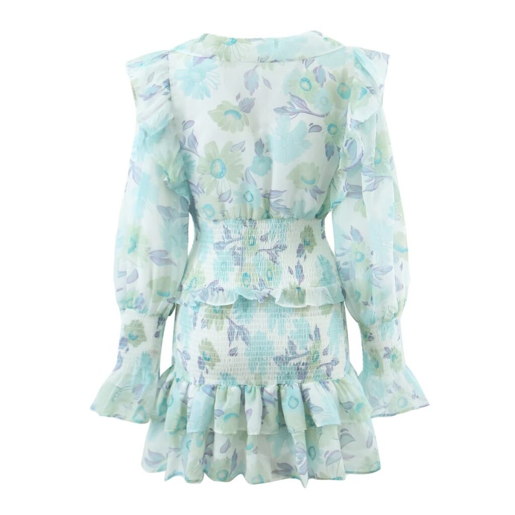 Autumn Winter Women Clothing Ruffled Printed Elastic Long Sleeved Dress Short - Image 3