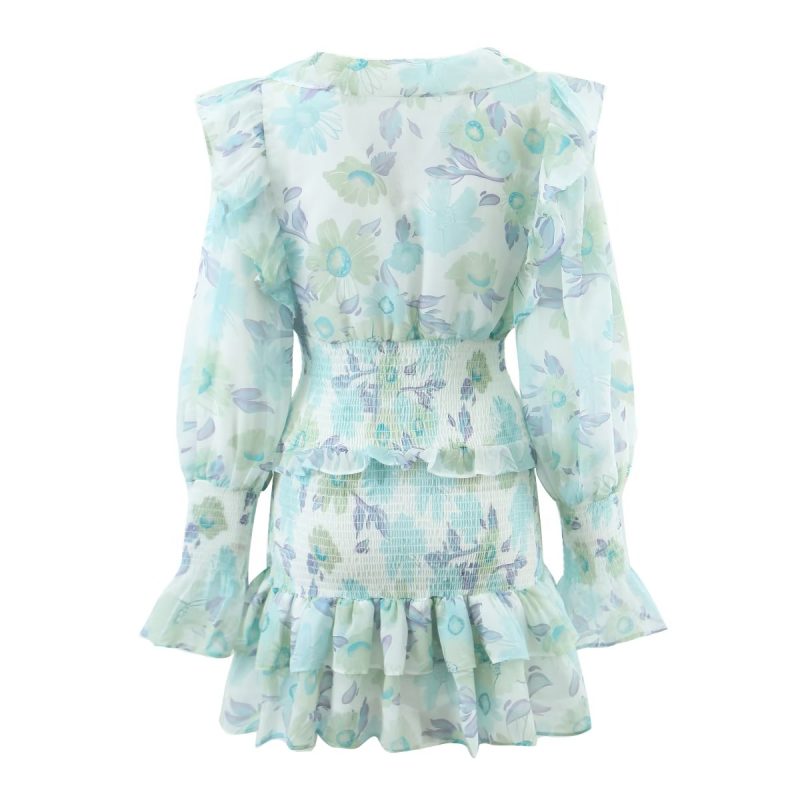 Autumn Winter Women Clothing Ruffled Printed Elastic Long Sleeved Dress Short - Image 3