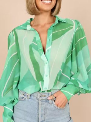 Autumn Winter Women Clothing Collared Single Breasted Floral Print Shirt