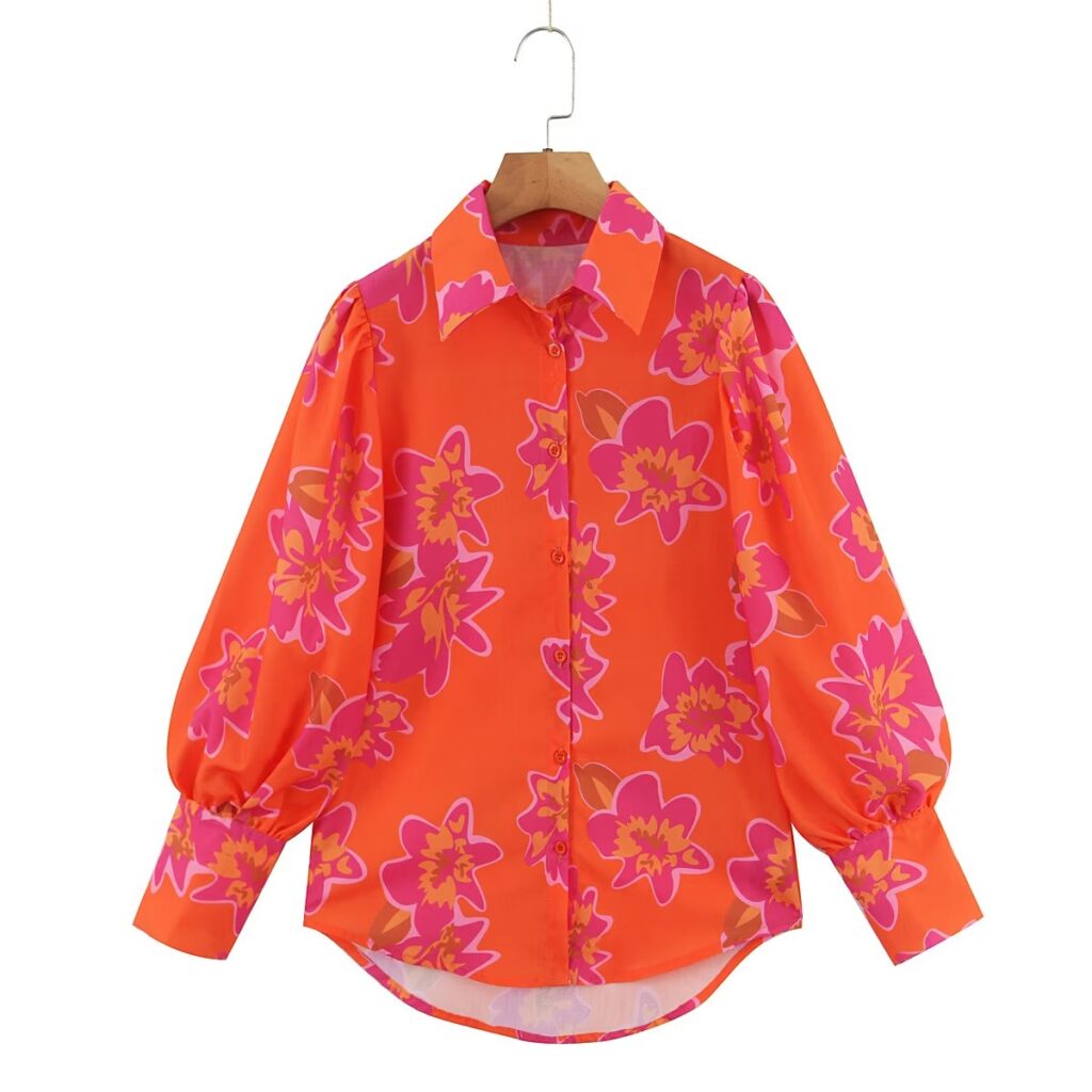 Autumn Winter Women Clothing Floral Printing Collared Single Breasted Shirt - Image 2