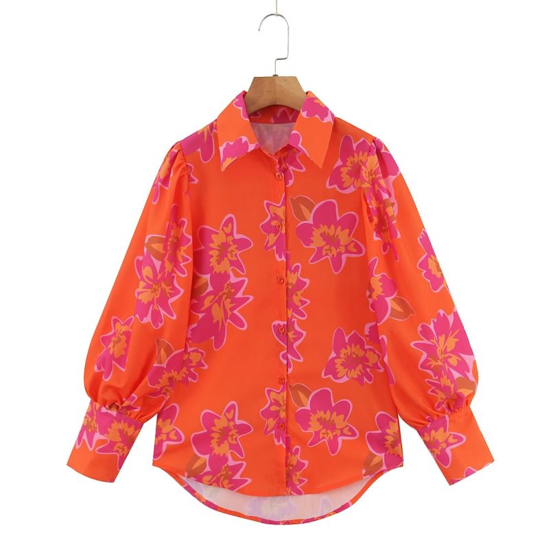 Autumn Winter Women Clothing Floral Printing Collared Single Breasted Shirt - Image 2