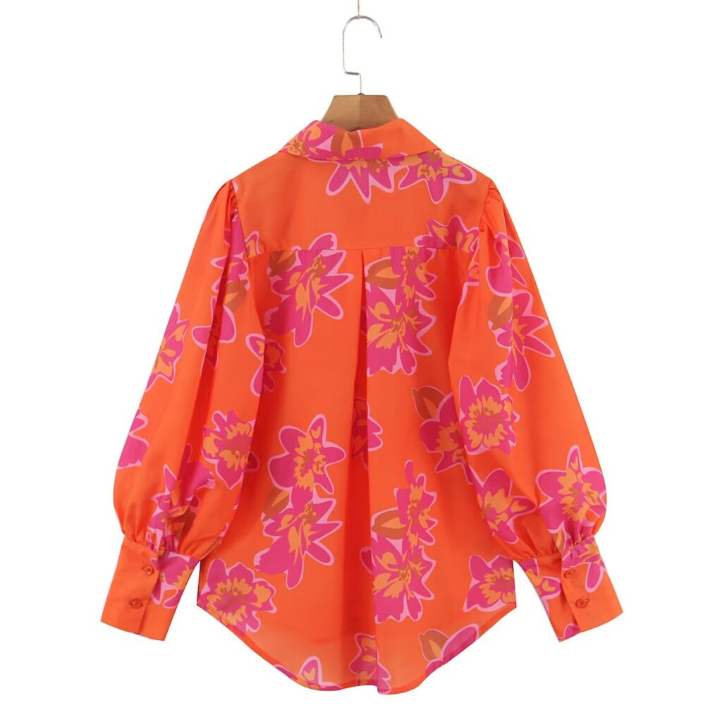 Autumn Winter Women Clothing Floral Printing Collared Single Breasted Shirt - Image 3