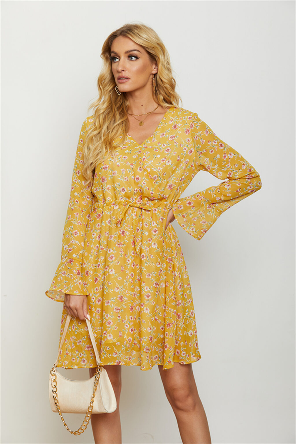Women Long Sleeve Loose Floral V Neck Waist Dress