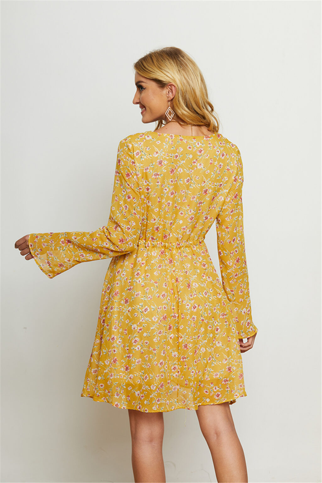 Women Long Sleeve Loose Floral V Neck Waist Dress - Image 2