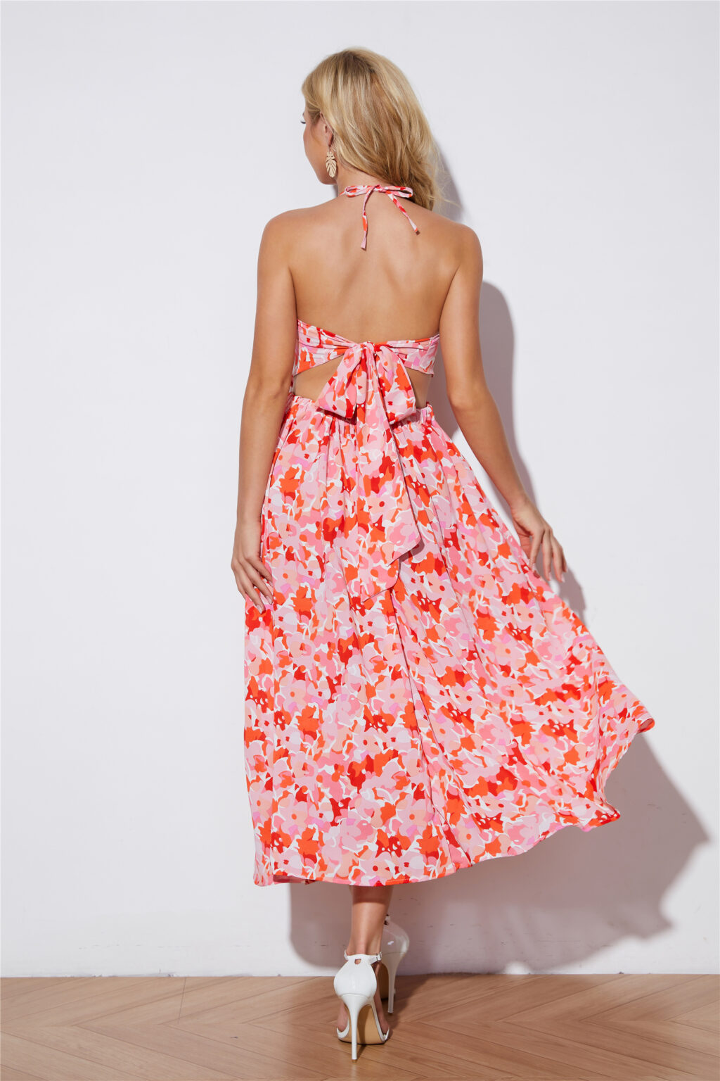 Women New Printed Long Halter Open Back Dress - Image 2