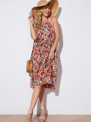 Women New Printed High Waist Halter Dress