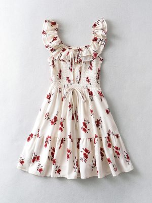 Spring Summer Pastoral Floral Print Slim Fit Stringy Selvedge Dress Women