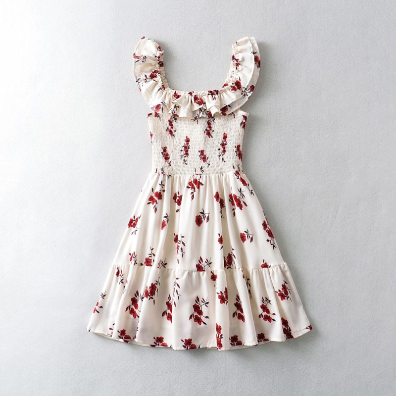 Spring Summer Pastoral Floral Print Slim Fit Stringy Selvedge Dress Women - Image 2