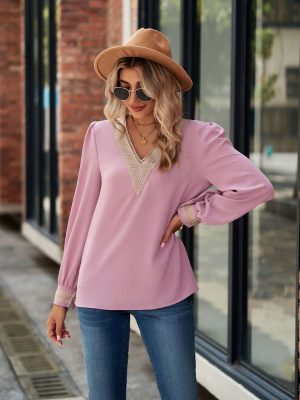 Solid Color V neck Long Sleeve Loose Ruffled Stitching Contrast Color Chiffon Blouses Women