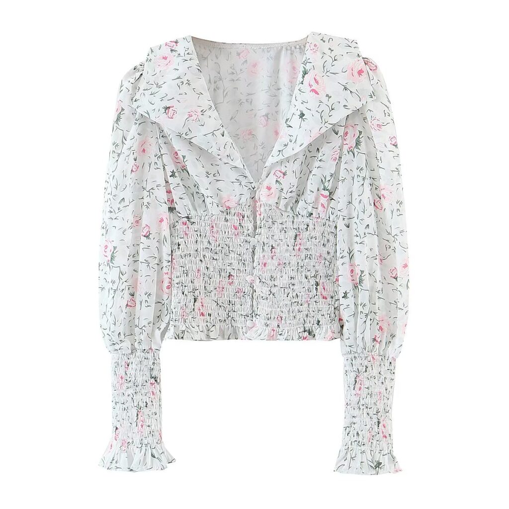 Autumn Blogger Floral Large Collared Single Elasticated Waist Lantern Sleeve Long Sleeve Shirt - Image 2