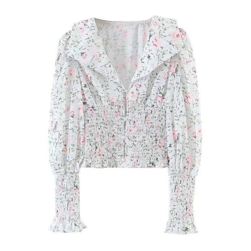 Autumn Blogger Floral Large Collared Single Elasticated Waist Lantern Sleeve Long Sleeve Shirt - Image 2