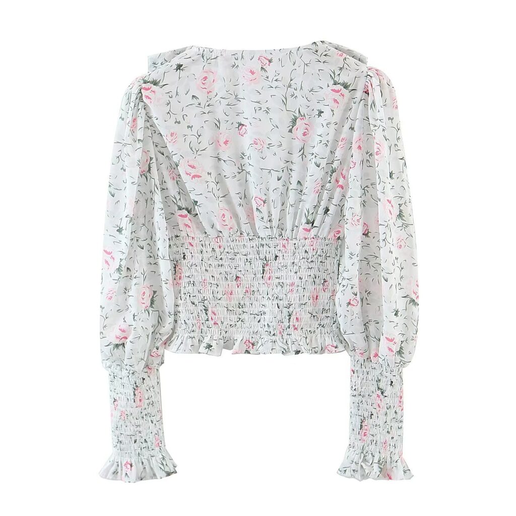Autumn Blogger Floral Large Collared Single Elasticated Waist Lantern Sleeve Long Sleeve Shirt - Image 3