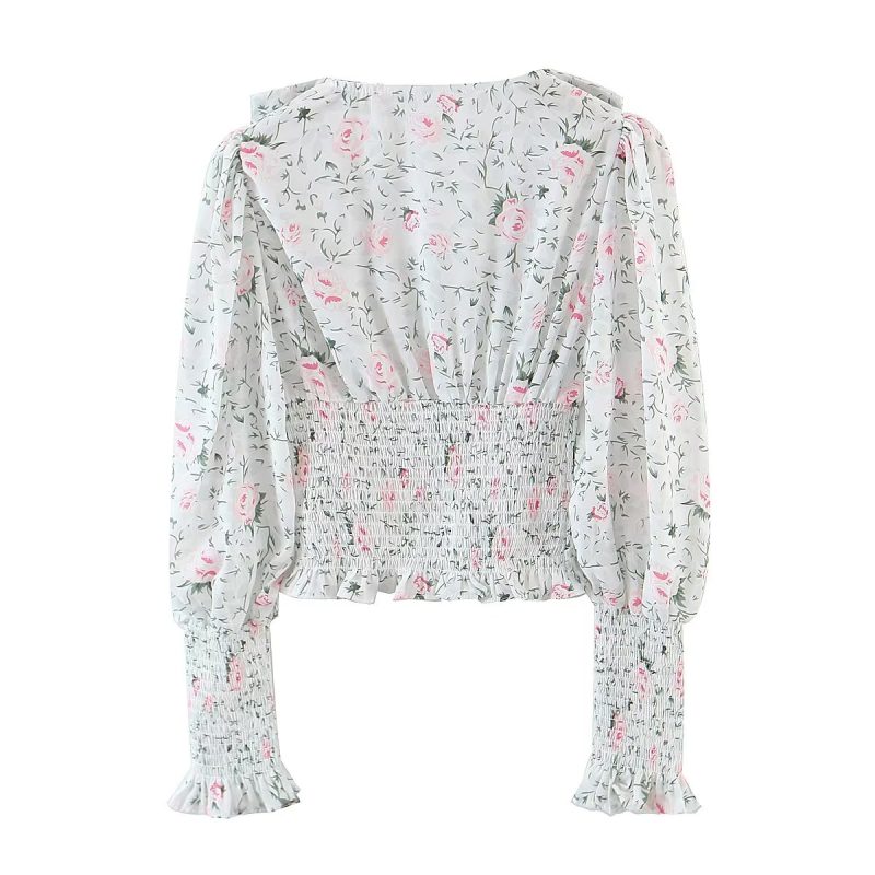 Autumn Blogger Floral Large Collared Single Elasticated Waist Lantern Sleeve Long Sleeve Shirt - Image 3