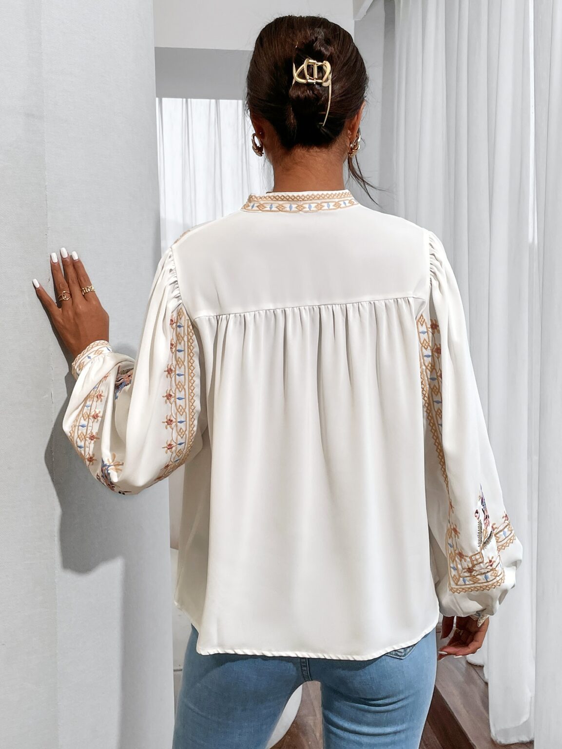 Women Spring Fall Crew Neck Elegant Floral Embroidery Lantern Sleeve Blouses - Image 2