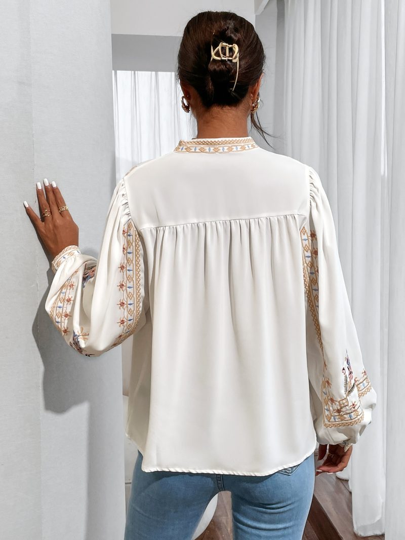 Women Spring Fall Crew Neck Elegant Floral Embroidery Lantern Sleeve Blouses - Image 2
