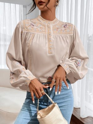 Women Spring Fall Crew Neck Elegant Floral Embroidery  Lantern Sleeve  Long Sleeve Blouses