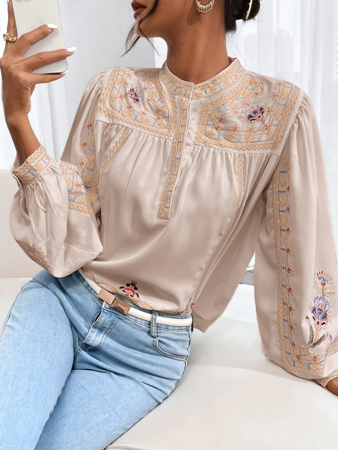 Women Spring Fall Crew Neck Elegant Floral Embroidery  Lantern Sleeve  Long Sleeve Blouses - Image 3