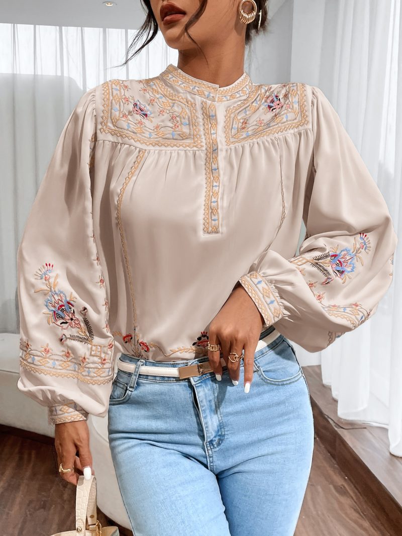 Women Spring Fall Crew Neck Elegant Floral Embroidery  Lantern Sleeve  Long Sleeve Blouses - Image 4