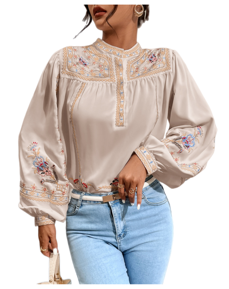 Women Spring Fall Crew Neck Elegant Floral Embroidery  Lantern Sleeve  Long Sleeve Blouses - Image 5