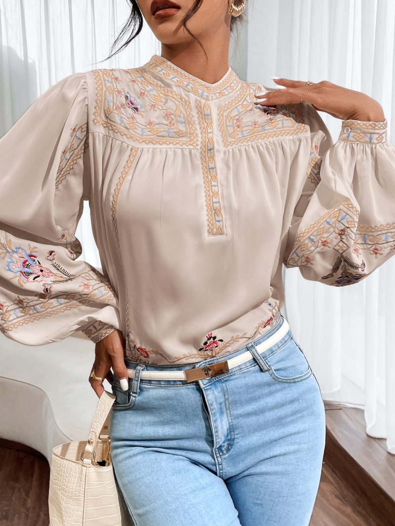 Women Spring Fall Crew Neck Elegant Floral Embroidery  Lantern Sleeve  Long Sleeve Blouses - Image 7