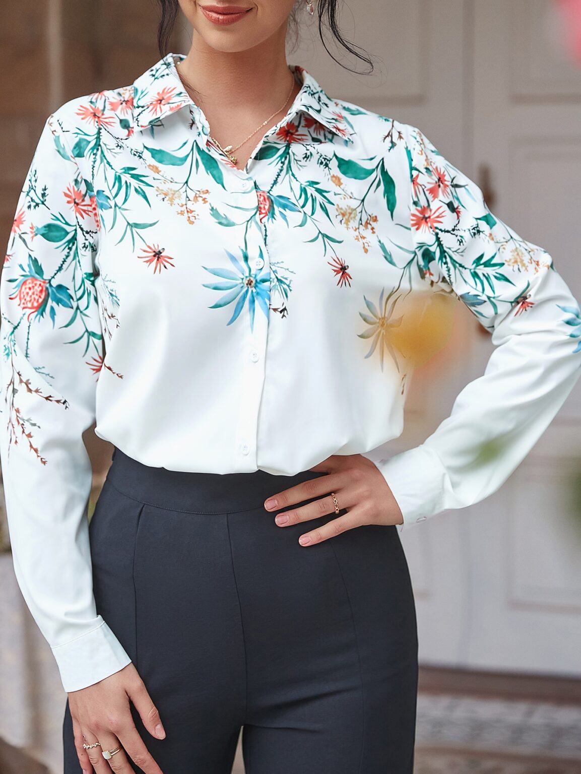 Women Spring Fall Office Elegant Embroidery Long Sleeve Shirts - Image 5