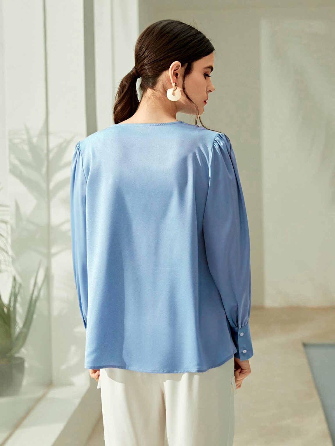 Women Spring Fall  Cowl Neck Elegant Office Satin Solid  Blouses - Image 2