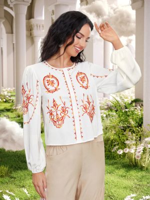 Women Spring Fall Crew Neck Elegant Floral Embroidery Blouses