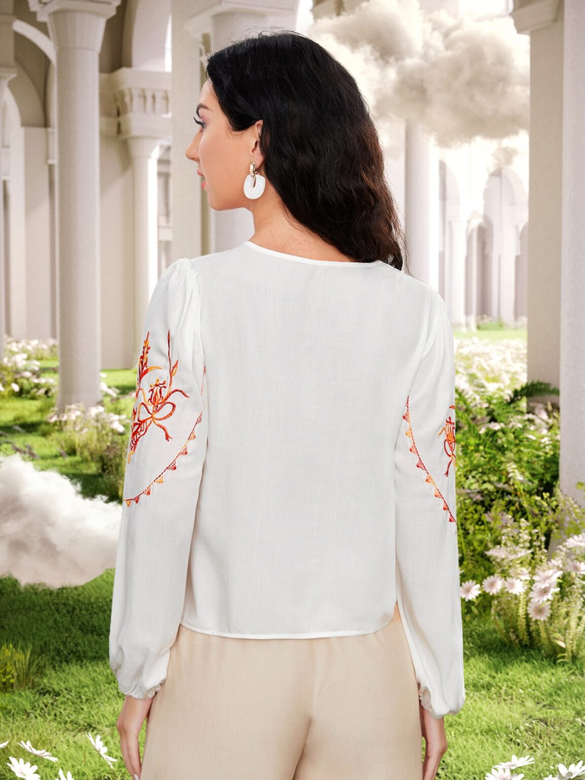 Women Spring Fall Crew Neck Elegant Floral Embroidery Blouses - Image 2