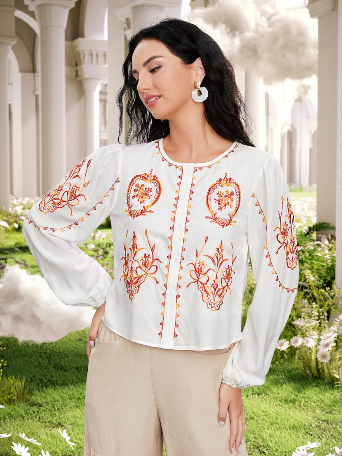 Women Spring Fall Crew Neck Elegant Floral Embroidery Blouses - Image 3