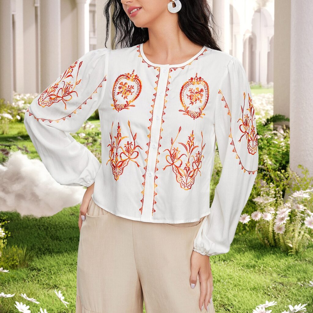 Women Spring Fall Crew Neck Elegant Floral Embroidery Blouses - Image 5