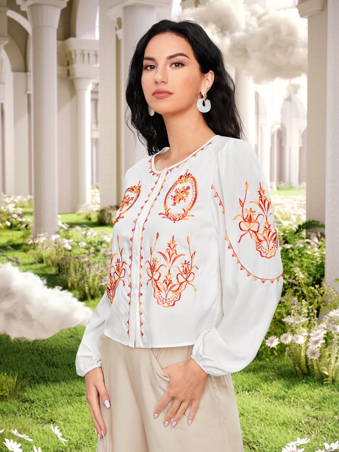 Women Spring Fall Crew Neck Elegant Floral Embroidery Blouses - Image 6