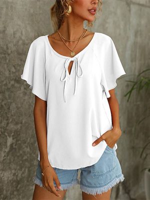 Summer Women Short Sleeve Solid Color V neck Shirt Top Women